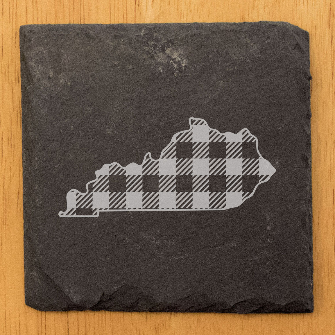 Rustic Slate Coasters Set of 4, Laser Etched Kentucky Plaid Design, 4" Round, Natural Chipped Edge, Rubber Feet, , Perfect for Holidays, Birthdays, Housewarming, Made in Oregon, USA