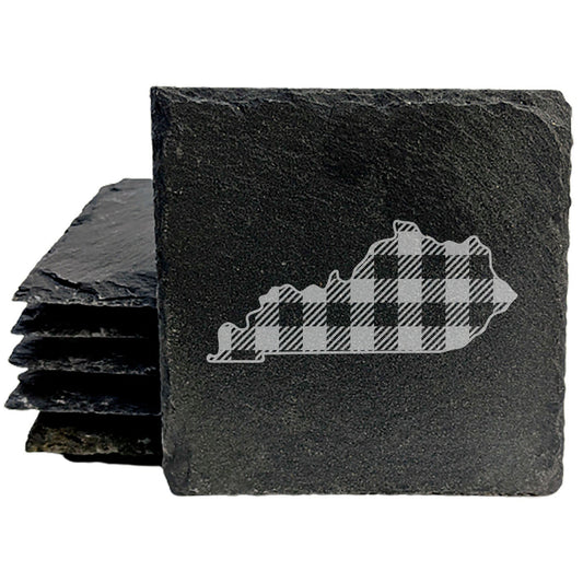 Rustic Slate Coasters Set of 4, Laser Etched Kentucky Plaid Design, 4" Round, Natural Chipped Edge, Rubber Feet, , Perfect for Holidays, Birthdays, Housewarming, Made in Oregon, USA
