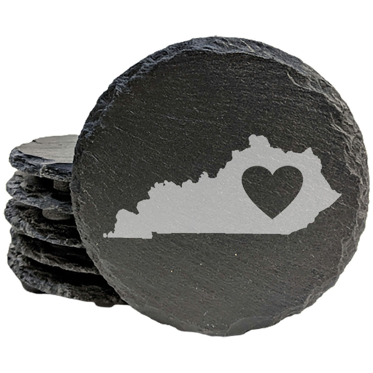 Rustic Slate Coasters Set of 4, Laser Etched Kentucky Design with Heart, 4" Round, Natural Chipped Edge, Rubber Feet, , Perfect for Holidays, Birthdays, Housewarming, Made in USA