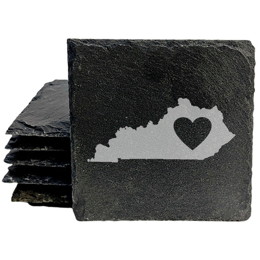 Rustic Slate Coasters Set of 4, Laser Etched Kentucky Design with Heart, 4" Round, Natural Chipped Edge, Rubber Feet, , Perfect for Holidays, Birthdays, Housewarming, Made in USA
