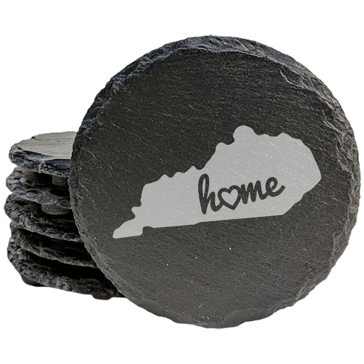 Rustic Slate Coasters Set of 4, Round 4" with Kentucky 'Home' Heart Design, Perfect for Holidays, Birthdays, Housewarming, She-Shed, Man Cave, Made in Oregon, USA, , Natural Edge