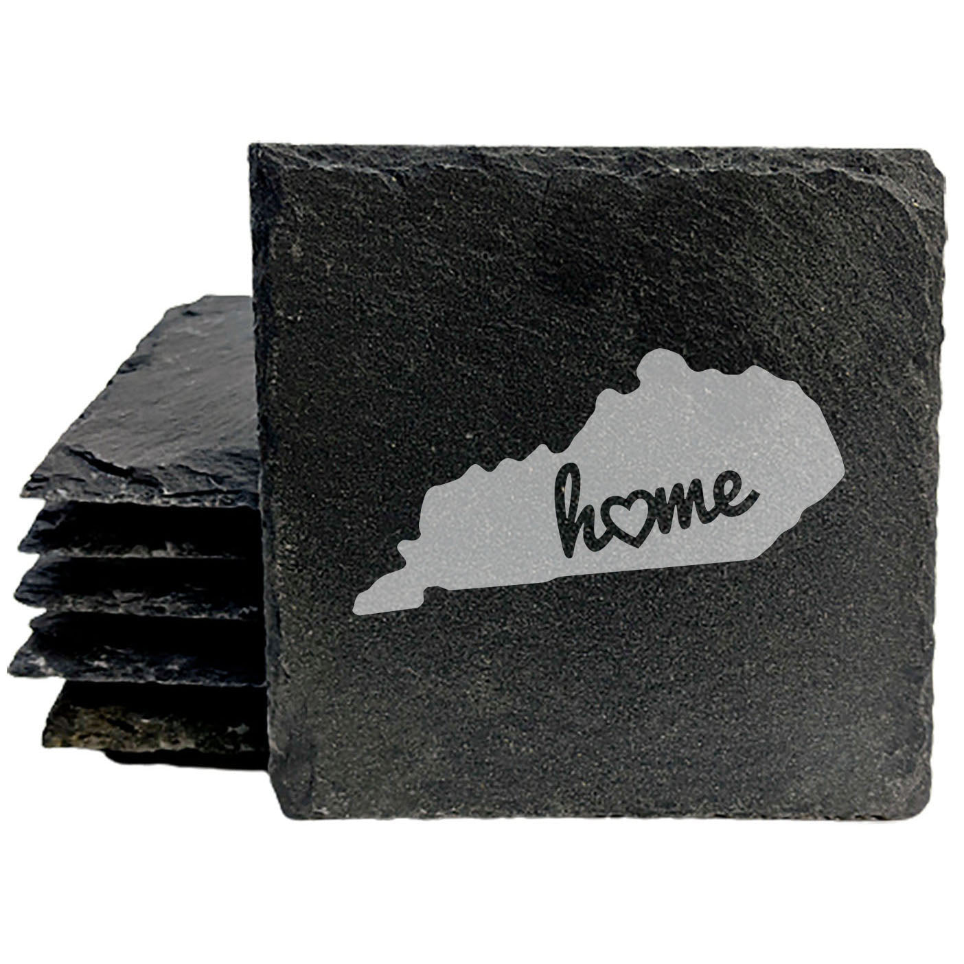 Rustic Slate Coasters Set of 4, Round 4" with Kentucky 'Home' Heart Design, Perfect for Holidays, Birthdays, Housewarming, She-Shed, Man Cave, Made in Oregon, USA, , Natural Edge