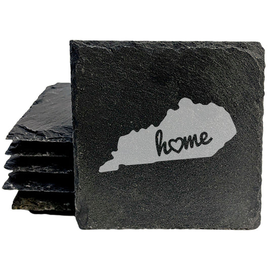 Rustic Slate Coasters Set of 4, Round 4" with Kentucky 'Home' Heart Design, Perfect for Holidays, Birthdays, Housewarming, She-Shed, Man Cave, Made in Oregon, USA, , Natural Edge