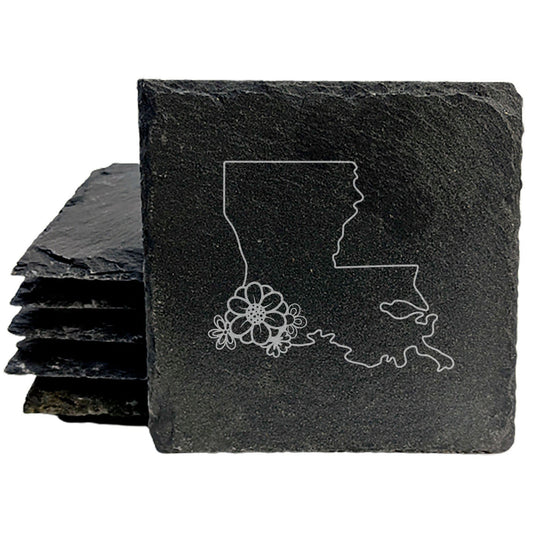 Rustic Slate Coasters Set of 4 - Laser Etched Louisiana Design with Flower - Perfect Gift for Holidays, Birthdays, Housewarming - 4" Round or Square - Made in Oregon, USA - Natural Chipped Edge