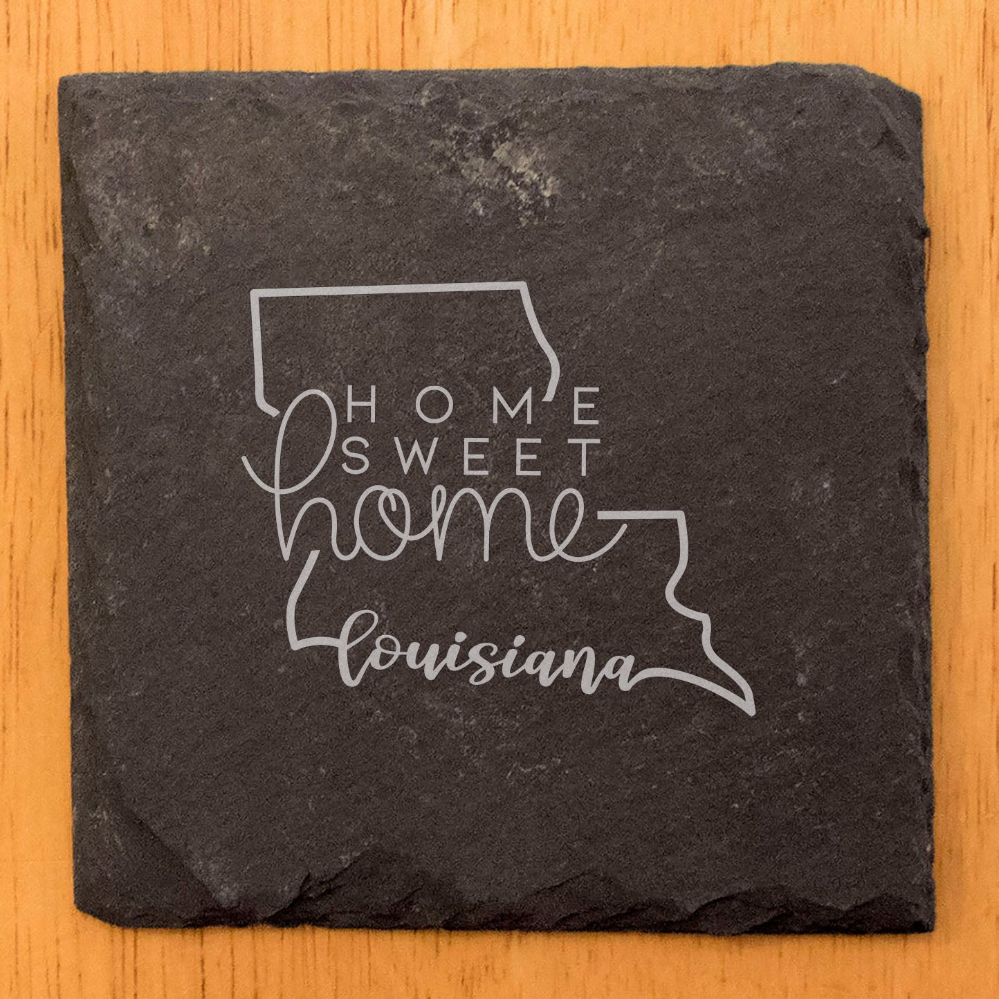 Rustic Slate Coasters Set of 4, 4" Round, Laser Etched Louisiana Design, 'Home Sweet Home', Perfect Gift for Holidays, Birthdays, Housewarming, Made in Oregon, USA, Natural Chipped Edge, Rubber Feet