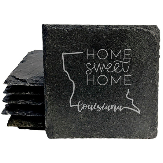 Rustic Slate Coasters Set of 4, 4" Round, Laser Etched Louisiana Design, 'Home Sweet Home', Perfect Gift for Holidays, Birthdays, Housewarming, Made in Oregon, USA, Natural Chipped Edge, Rubber Feet