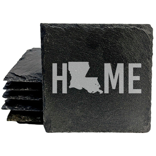 Rustic Slate Coasters Set of 4 - Laser Etched 'HOME' Design with Louisiana State Shape - Perfect Gift for Holidays, Birthdays, Housewarming - 4" Round, Natural Chipped Edge, Made in Oregon, USA
