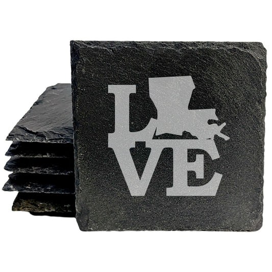 Rustic Slate Coasters Set of 4, Round 4" with 'LOVE' Louisiana Design, Perfect Gift for Holidays, Birthdays, Housewarming, She-Shed, Man Cave, Made in Oregon, USA, Natural Chipped Edge, Rubber Feet