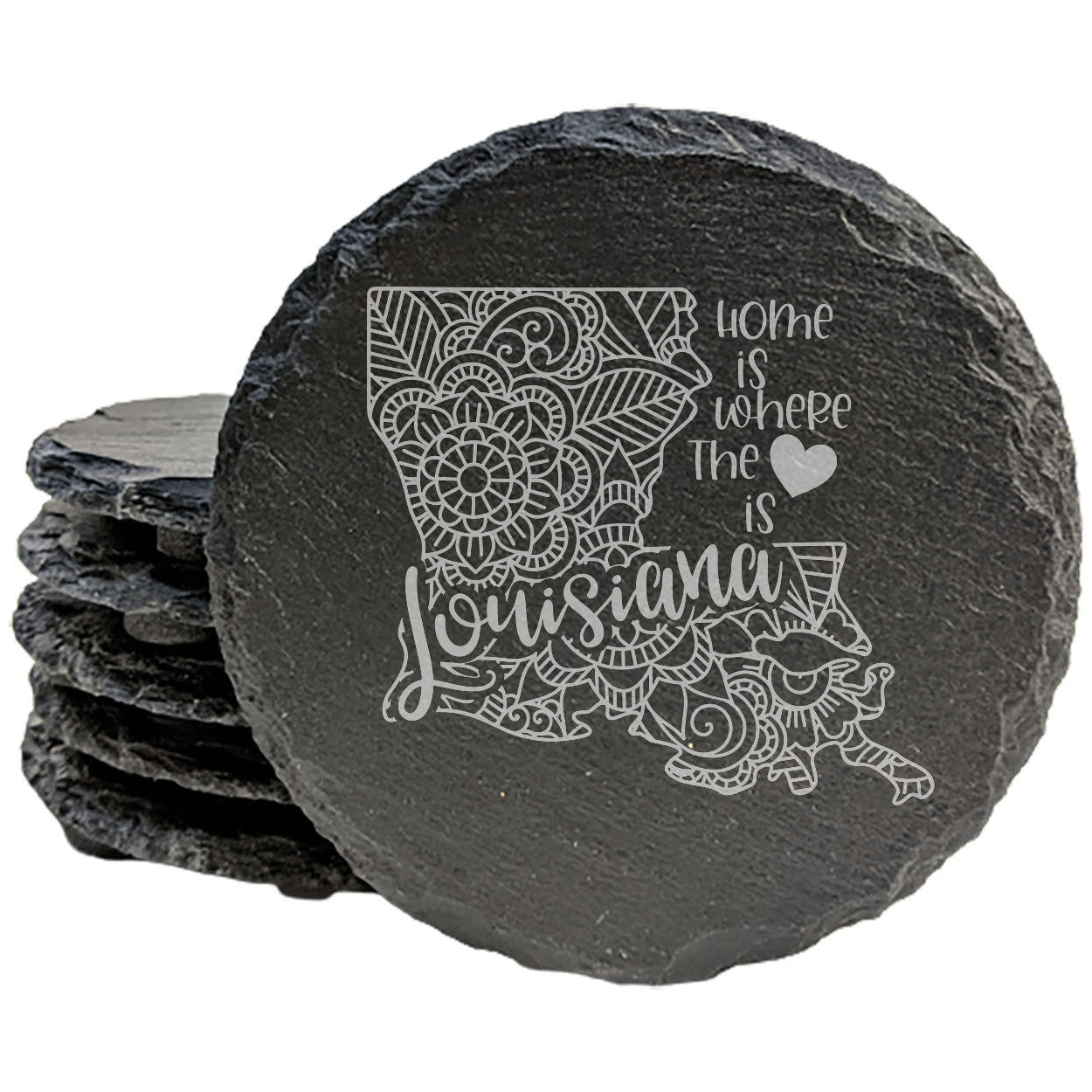 Rustic Slate Coasters Set of 4, Round 4" with Louisiana Mandala Design, 'Home is Where the Heart Is' Quote, Perfect Gift for Holidays, Birthdays, Housewarming, Made in Oregon, USA