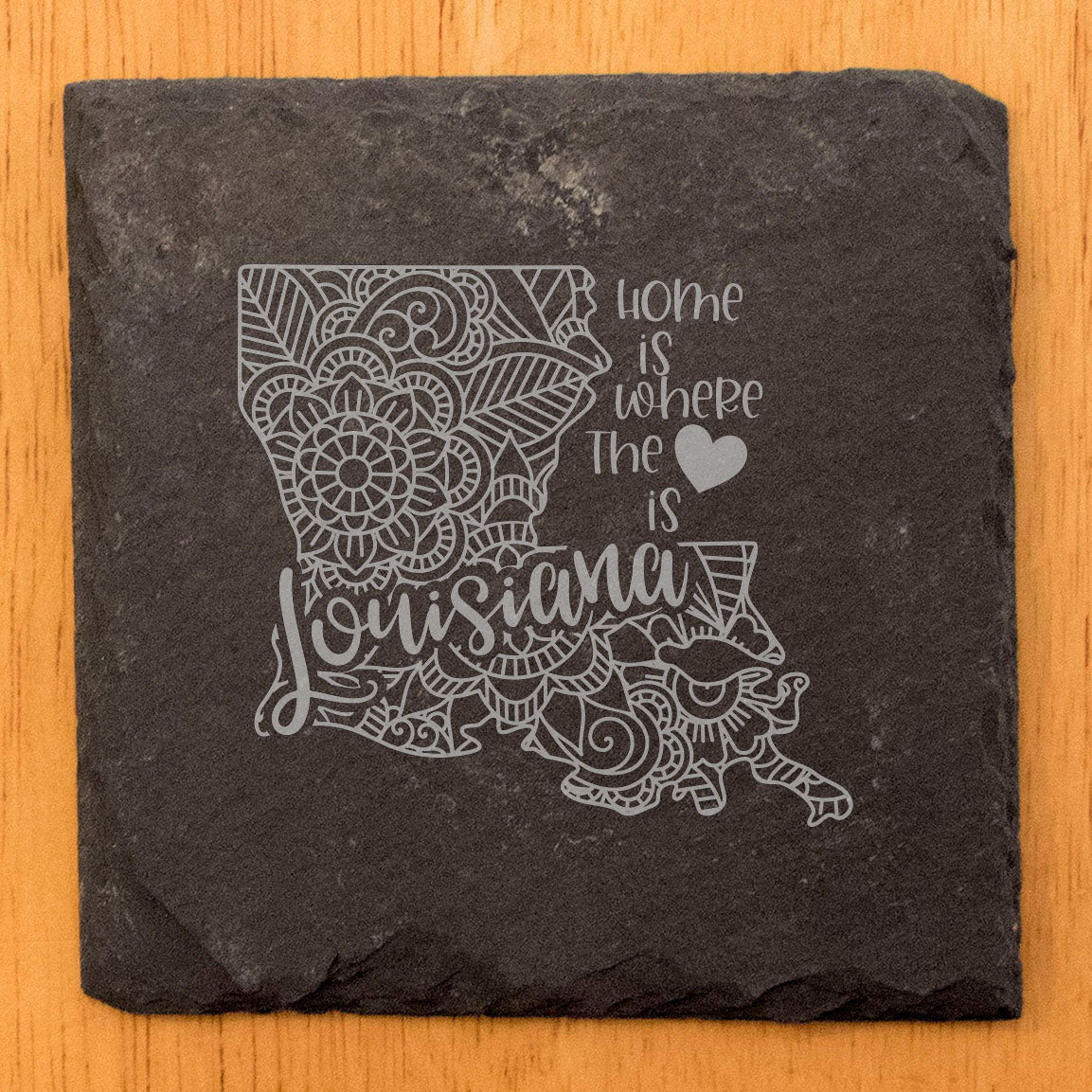 Rustic Slate Coasters Set of 4, Round 4" with Louisiana Mandala Design, 'Home is Where the Heart Is' Quote, Perfect Gift for Holidays, Birthdays, Housewarming, Made in Oregon, USA