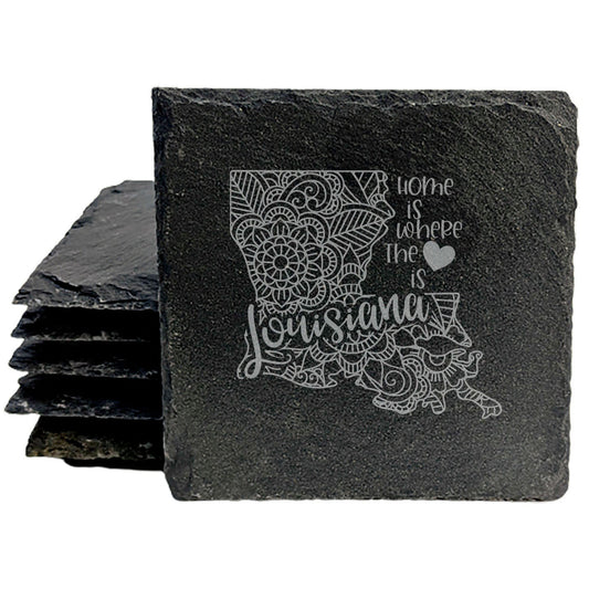 Rustic Slate Coasters Set of 4, Round 4" with Louisiana Mandala Design, 'Home is Where the Heart Is' Quote, Perfect Gift for Holidays, Birthdays, Housewarming, Made in Oregon, USA