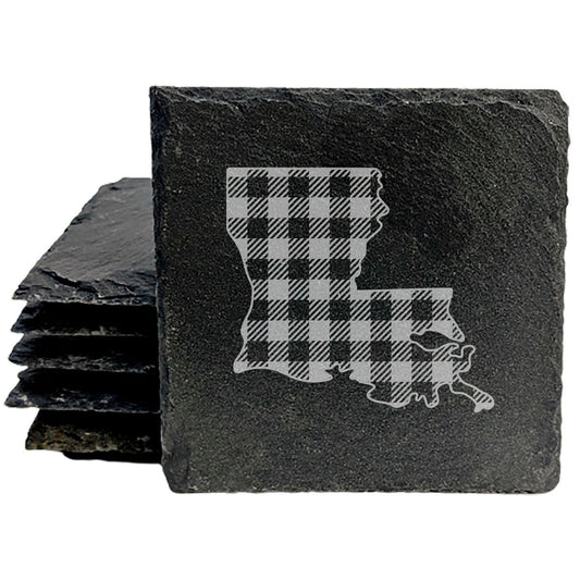 Rustic Slate Coasters Set of 4, Round 4" with Louisiana Plaid Design, Perfect Gift for Holidays, Birthdays, Housewarming, She-Shed, Man Cave, Made in Oregon, USA, Natural Chipped Edge, Rubber Feet