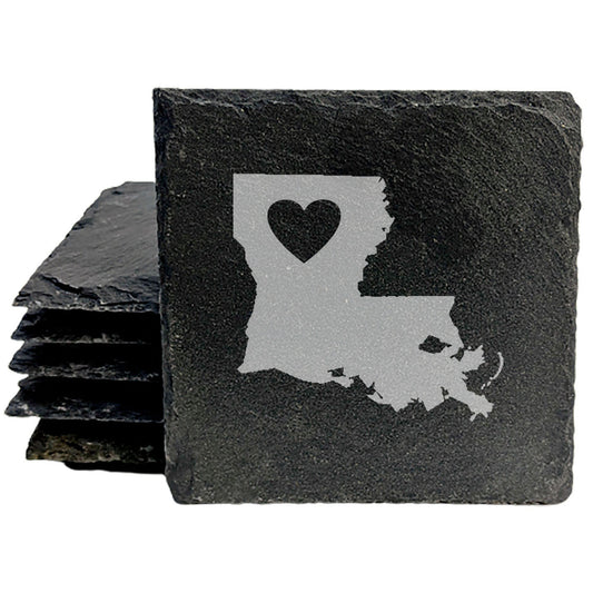 Rustic Slate Coasters Set of 4, Round 4" with Louisiana Heart Design, Perfect Gift for Holidays, Birthdays, Housewarming, She-Shed, Man Cave, Made in Oregon, USA, Natural Chipped Edge, Rubber Feet