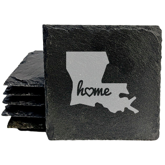Rustic Slate Coasters Set of 4, Round 4" with Louisiana 'Home' Heart Design, Perfect for Holidays, Birthdays, Housewarming, She-Shed, Man Cave, Made in Oregon, USA, , Natural Edge