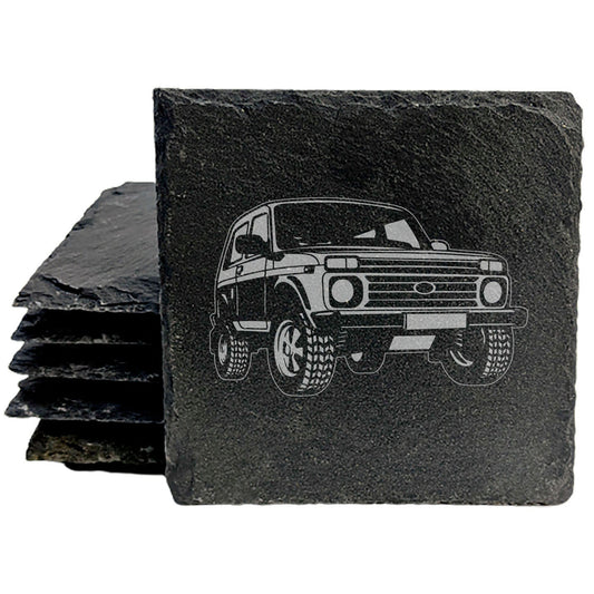 Lada Niva Design Rustic Gray Slate Coasters Set of 4, Laser Etched, Perfect for Holidays &amp; Birthdays, Housewarming Gifts, She-Shed or Man Cave Decor - Made in Oregon USA by Small Business