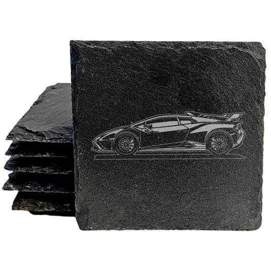 Lamborghini Huracan STO Design Rustic Gray Slate Coasters Set of 4 - Laser Etched, Natural Chipped Edge, Rubber Feet - Perfect Gift for Holidays, Birthdays, Housewarming - Made in Oregon USA