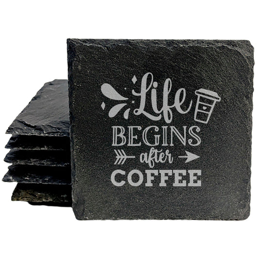 Rise &amp; Grind: Life Begins After Coffee Coasters on Slate