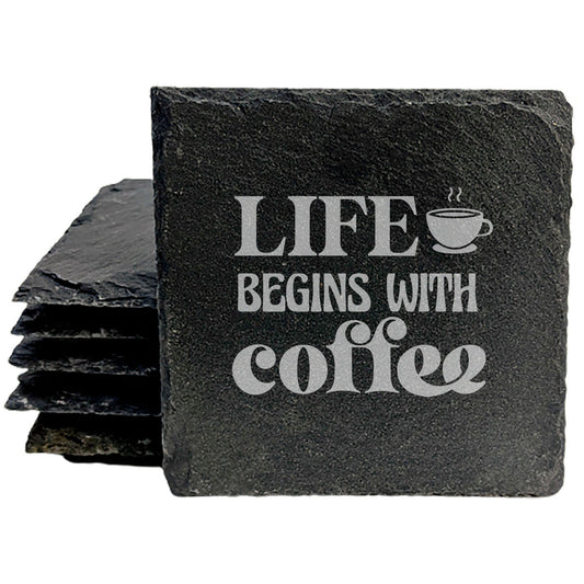 Sip &amp; Smile: Life Begins After Coffee Coasters on Slate