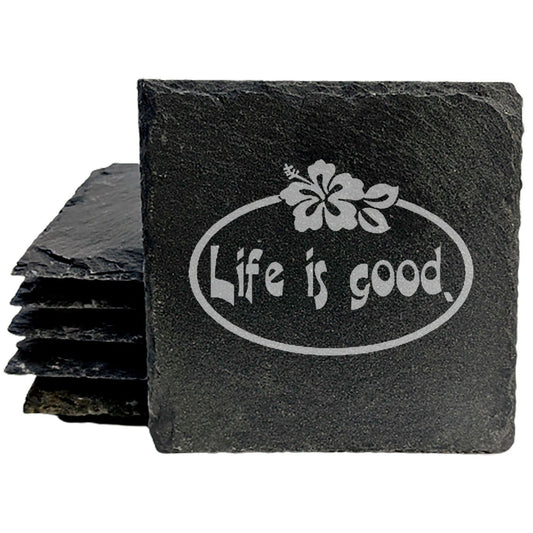Life is Good: Tropical Floral Coasters on Rustic Slate