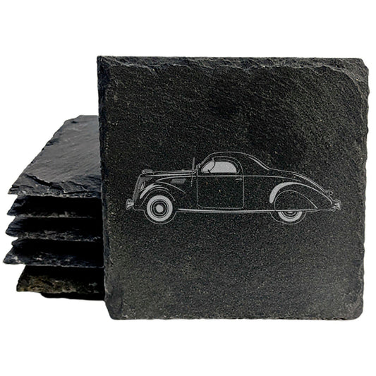 1937 Lincoln Zephyr Design Rustic Gray Slate Coasters Set of 4 - Laser Etched, Natural Chipped Edge, Rubber Feet - Perfect for She-Shed or Man Cave - Unique Gift from Small Business in Oregon USA