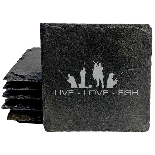 Live Love Fish Slate Coasters, Laser-Etched Design - Protect Your Surfaces in Style!  Coasters