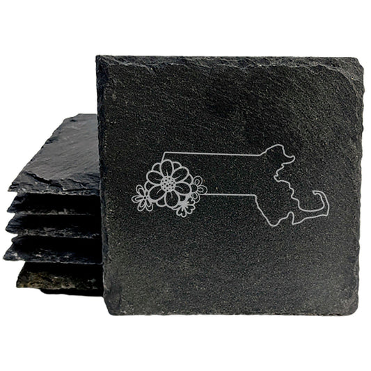 Rustic Slate Coasters Set of 4 - Massachusetts Design with Flower, 4" Round/Square, Chipped Edge, Rubber Feet,  - Perfect for Holidays, Birthdays, Housewarming, Made in Oregon, USA
