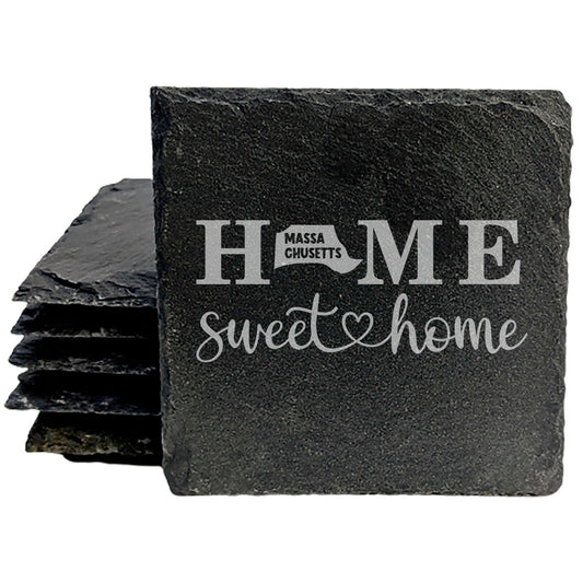 Rustic Slate Coasters Set of 4, Round 4" with 'HOME SWEET HOME' Massachusetts Design, Perfect Gift for Holidays, Birthdays, Housewarming, She-Shed, Man Cave, Made in Oregon, USA, Natural Edge
