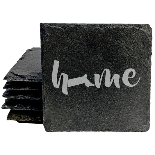 Rustic Slate Coasters Set of 4 - Laser Etched 'Home' Design with Massachusetts State - Perfect Gift for Holidays, Birthdays, Housewarming - 4" Round/Square - Made in Oregon, USA - Natural Edge
