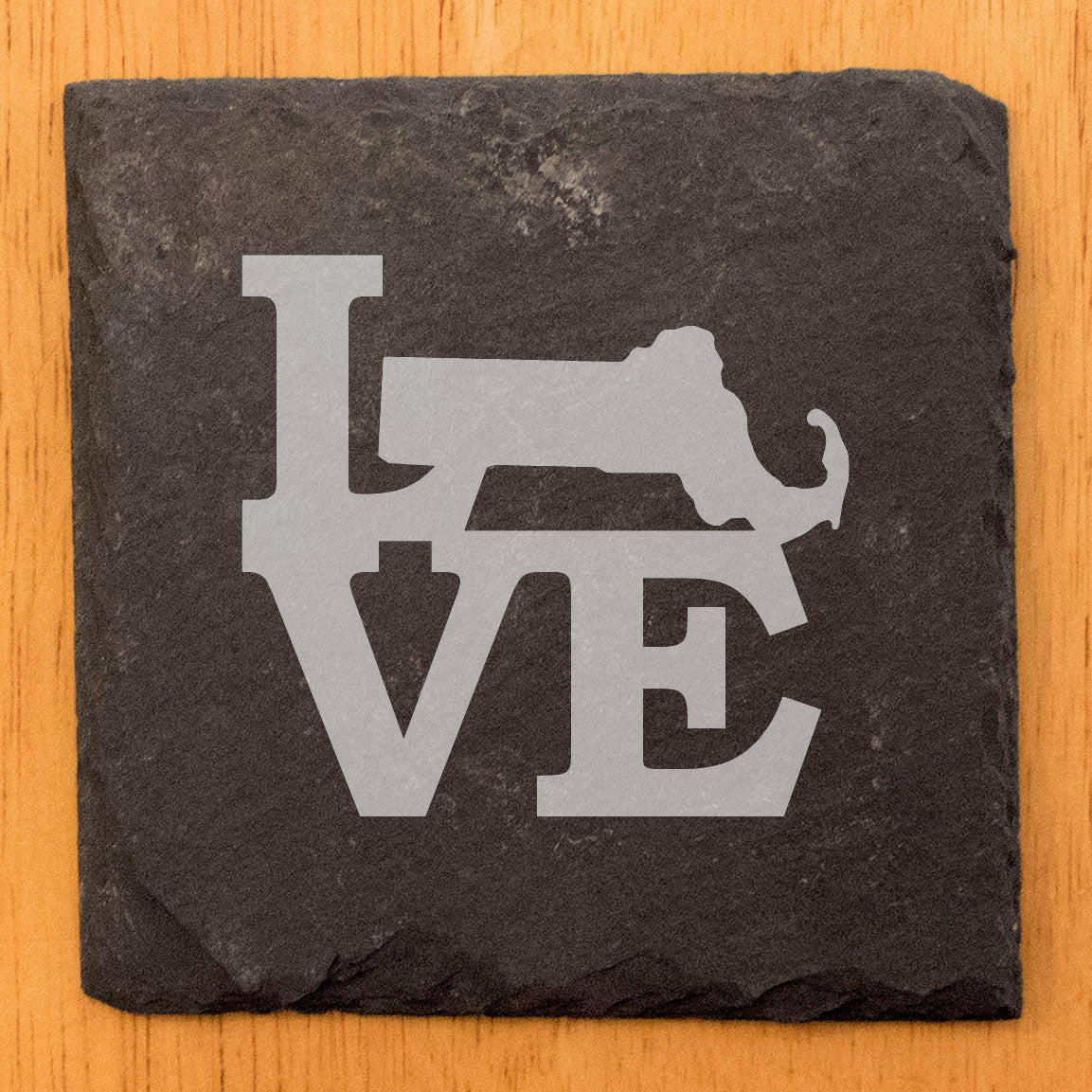 Rustic Slate Coasters Set of 4, Round 4" with 'LOVE' Massachusetts Design, Perfect for Holidays, Birthdays, Housewarming Gifts, She-Shed or Man Cave, Made in Oregon, USA, Natural Chipped Edge