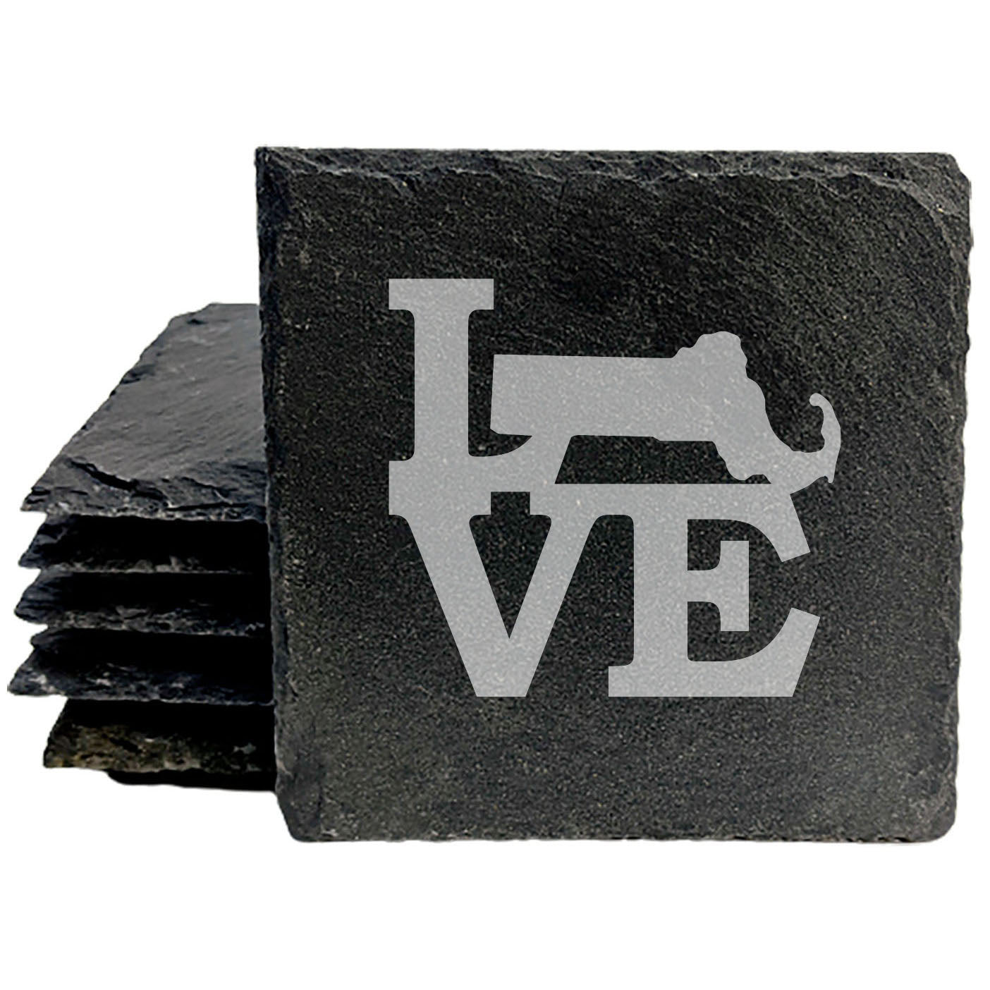 Rustic Slate Coasters Set of 4, Round 4" with 'LOVE' Massachusetts Design, Perfect for Holidays, Birthdays, Housewarming Gifts, She-Shed or Man Cave, Made in Oregon, USA, Natural Chipped Edge