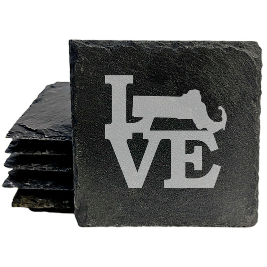 Rustic Slate Coasters Set of 4, Round 4" with 'LOVE' Massachusetts Design, Perfect for Holidays, Birthdays, Housewarming Gifts, She-Shed or Man Cave, Made in Oregon, USA, Natural Chipped Edge