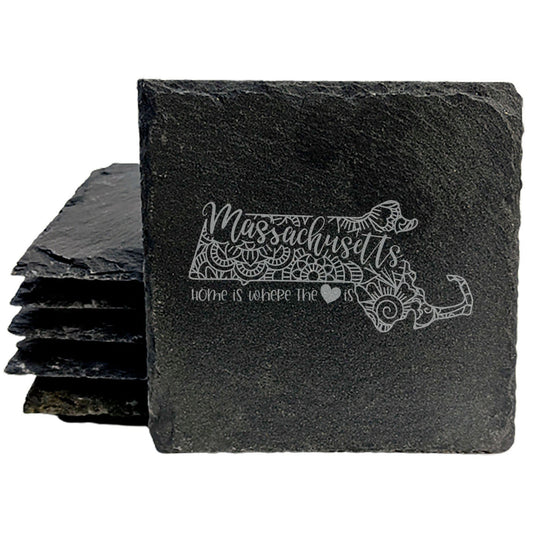 Rustic Slate Coasters Set of 4, Round 4" with Massachusetts Mandala Design, 'Home is Where the Heart Is' Quote, Perfect Gift for Holidays, Birthdays, Housewarming, Made in Oregon, USA