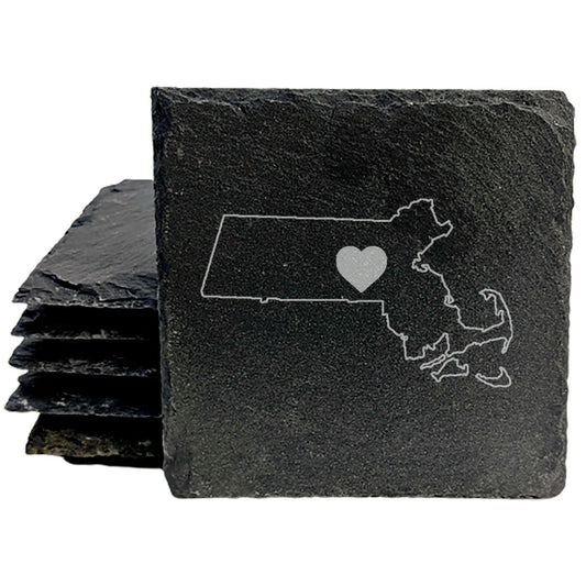 Rustic Slate Coasters Set of 4, Round 4" with Massachusetts Heart Design, Perfect for Holidays, Birthdays, Housewarming Gifts, She-Shed or Man Cave, Made in Oregon, USA, Natural Chipped Edge