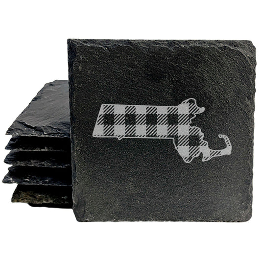 Rustic Slate Coasters Set of 4, Round 4" with Massachusetts Plaid Design, Perfect for She-Shed or Man Cave, All-Occasion Gifts, Natural Chipped Edge, Made in Oregon, USA, Gift Box Included