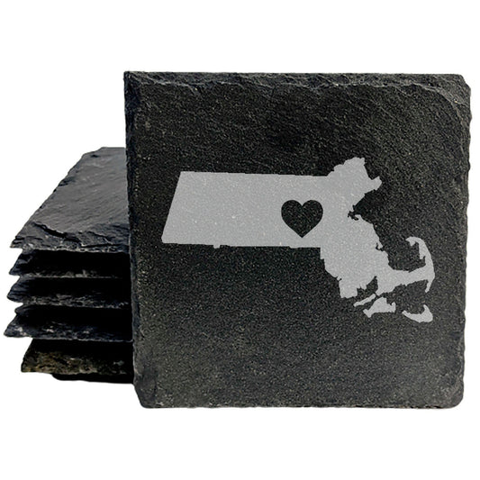 Rustic Slate Coasters Set of 4, Laser Etched Massachusetts Design, 4" Round, Natural Chipped Edge, Rubber Feet, Perfect Gift for Holidays, Birthdays, Housewarming, Made in Oregon, USA