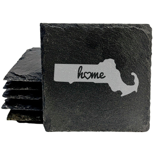 Rustic Slate Coasters Set of 4, Round 4" with Massachusetts 'Home' Heart Design, Perfect Gift for Holidays, Birthdays, Housewarming, She-Shed, Man Cave, Made in Oregon, USA, Natural Chipped Edge