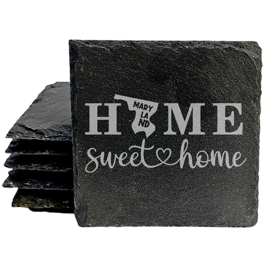 Rustic Slate Coasters Set of 4, Laser Etched 'HOME SWEET HOME' Maryland Design, 4" Round, Natural Chipped Edge, Rubber Feet, , Perfect for Holidays, Birthdays, Housewarming, USA Made
