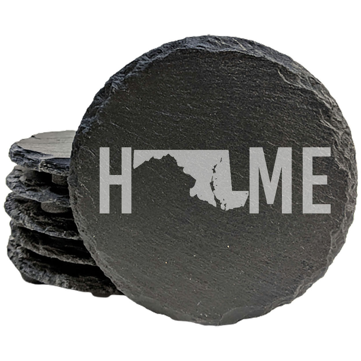 Rustic Slate Coasters Set of 4, Laser Etched 'HOME' Design with Maryland State, 4" Round, Natural Chipped Edge, Rubber Feet, , Perfect for Holidays, Birthdays, Housewarming, USA Made