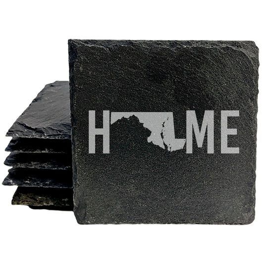 Rustic Slate Coasters Set of 4, Laser Etched 'HOME' Design with Maryland State, 4" Round, Natural Chipped Edge, Rubber Feet, , Perfect for Holidays, Birthdays, Housewarming, USA Made