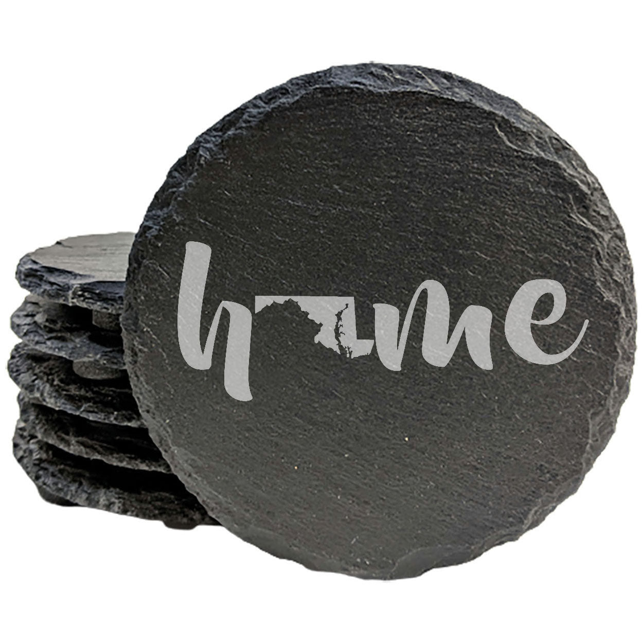 Rustic Slate Coasters Set of 4 - Laser Etched 'Home' Design with Maryland State - Perfect Gift for Holidays, Birthdays, Housewarming - 4" Round/Square - Made in Oregon, USA - Natural Chipped Edge