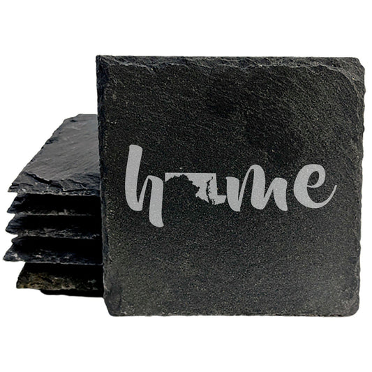 Rustic Slate Coasters Set of 4 - Laser Etched 'Home' Design with Maryland State - Perfect Gift for Holidays, Birthdays, Housewarming - 4" Round/Square - Made in Oregon, USA - Natural Chipped Edge