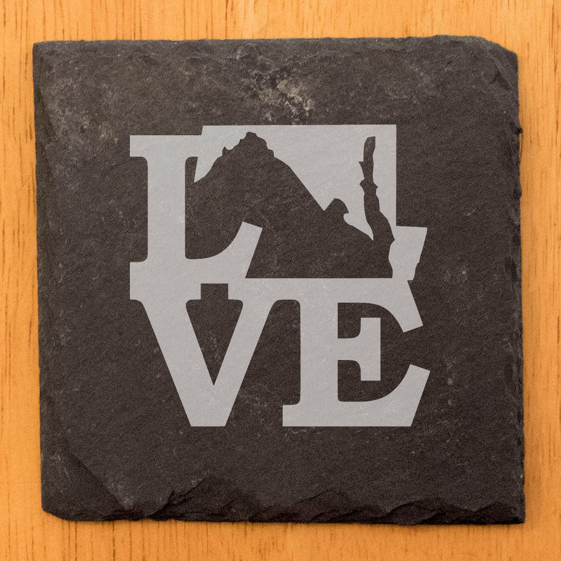 Rustic Slate Coasters Set of 4, Laser Etched 'LOVE' Design with Maryland State, 4" Round, Natural Chipped Edge, Rubber Feet, Perfect Gift for Holidays, Birthdays, Housewarming, Made in USA