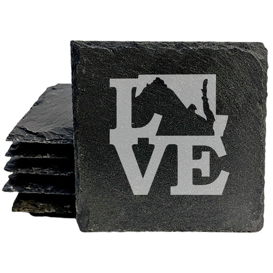 Rustic Slate Coasters Set of 4, Laser Etched 'LOVE' Design with Maryland State, 4" Round, Natural Chipped Edge, Rubber Feet, Perfect Gift for Holidays, Birthdays, Housewarming, Made in USA