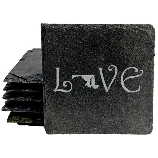 Rustic Slate Coasters Set of 4, Square 4" with 'LOVE' Maryland Design, Laser Etched, Natural Chipped Edge, Rubber Feet, , Perfect for Holidays, Birthdays, Housewarming, USA Made