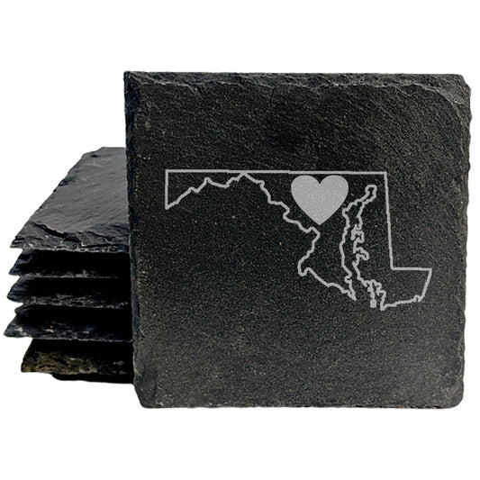 Rustic Slate Coasters Set of 4, Round 4" with Maryland Heart Design, Laser Etched, Perfect for Holidays, Birthdays, Housewarming Gifts, She-Shed, Man Cave, Made in Oregon, USA, Natural Edge