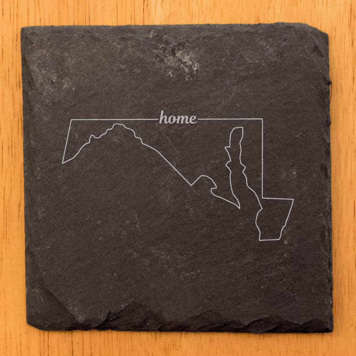 Rustic Slate Coasters Set of 4, Round 4" with Maryland 'Home' Design, Laser Etched, Perfect for Holidays, Birthdays, Housewarming Gifts, Made in Oregon, USA, Natural Chipped Edge, Rubber Feet