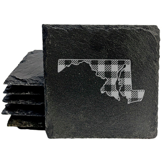 Rustic Slate Coasters Set of 4, Round 4" with Maryland Plaid Design, Laser Etched, Natural Chipped Edge, Rubber Feet, , Perfect for Holidays, Birthdays, Housewarming, Made in USA