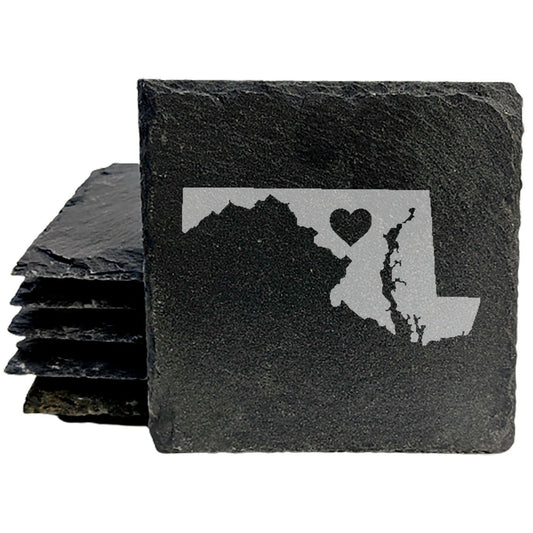 Rustic Slate Coasters Set of 4, Round 4" with Maryland Heart Design, Laser Etched, Natural Chipped Edge, Rubber Feet, , Perfect for Holidays, Birthdays, Housewarming, Made in USA