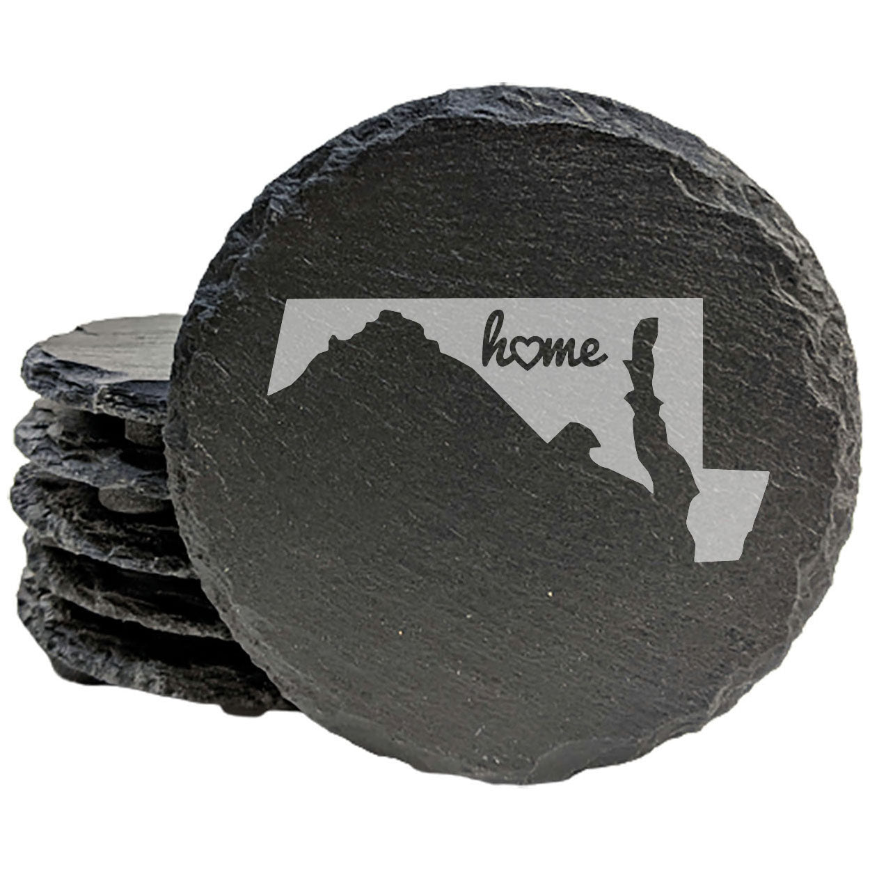 Rustic Slate Coasters Set of 4, Round 4" with Maryland 'Home' Heart Design, Perfect for Holidays, Birthdays, Housewarming Gifts, She-Shed or Man Cave, Made in Oregon, USA, Natural Chipped Edge