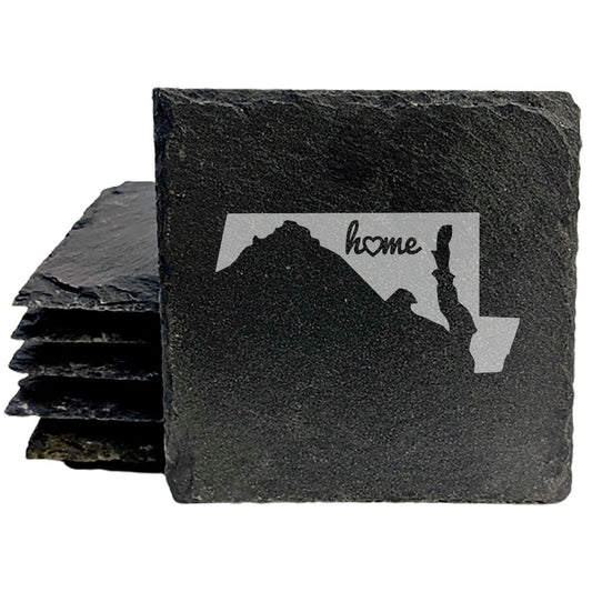 Rustic Slate Coasters Set of 4, Round 4" with Maryland 'Home' Heart Design, Perfect for Holidays, Birthdays, Housewarming Gifts, She-Shed or Man Cave, Made in Oregon, USA, Natural Chipped Edge